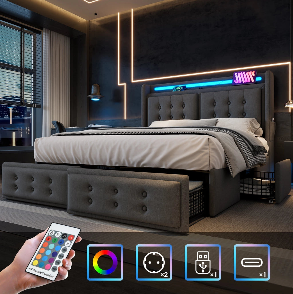Letto matrimoniale 180x200 cm con LED; USB e USB-C; 4 cassetti e testiera con mensole; grigio