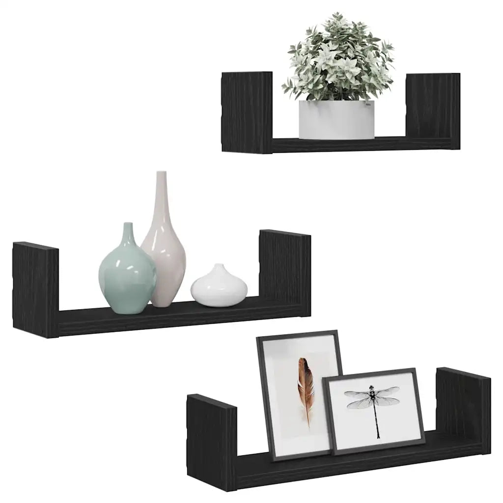 Mensole Parete 3pz Rovere Nero in Legno Multistrato 868074