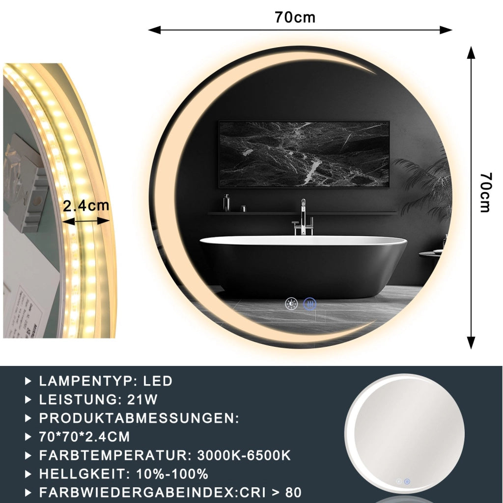 ZMH Specchio da bagno con illuminazione 70cm Specchio da parete moderno rotondo IP44 dimmerabile per il bagno