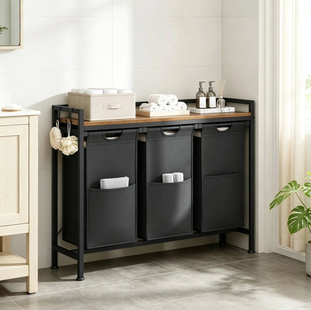 Portabiancheria a 3 scomparti con ripiano e 2 ganci; 96 x 30 x 71 cm; nero e marrone rustico