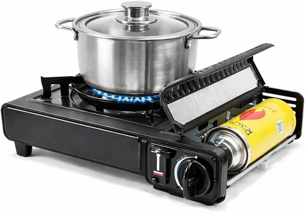 Fornello da Campeggio a Gas Portatile All-in-One con Valigetta Rigida per il Trasporto, Ideale per Campeggio, Picnic e Outdoor, Senza Cartuccia di Gas.