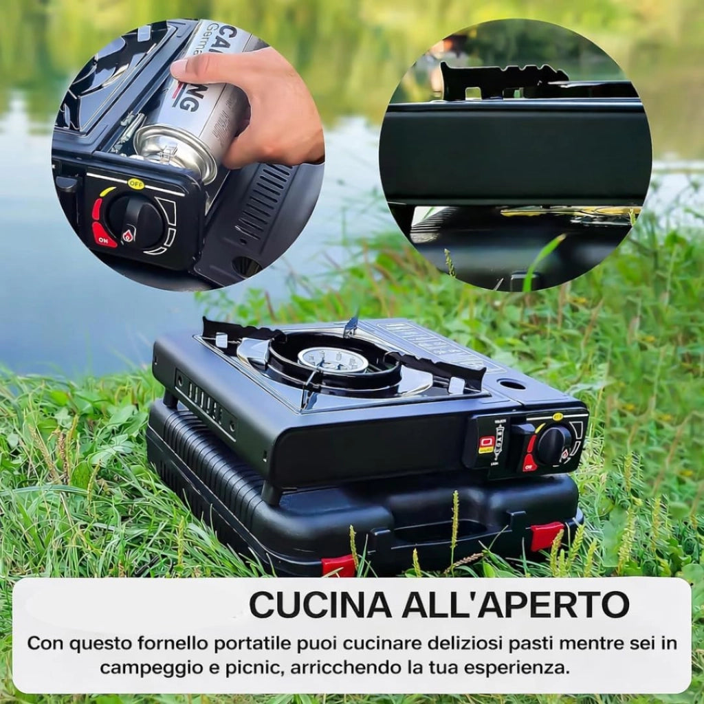 Fornello da Campeggio a Gas Portatile All-in-One con Valigetta Rigida per il Trasporto, Ideale per Campeggio, Picnic e Outdoor, Senza Cartuccia di Gas.