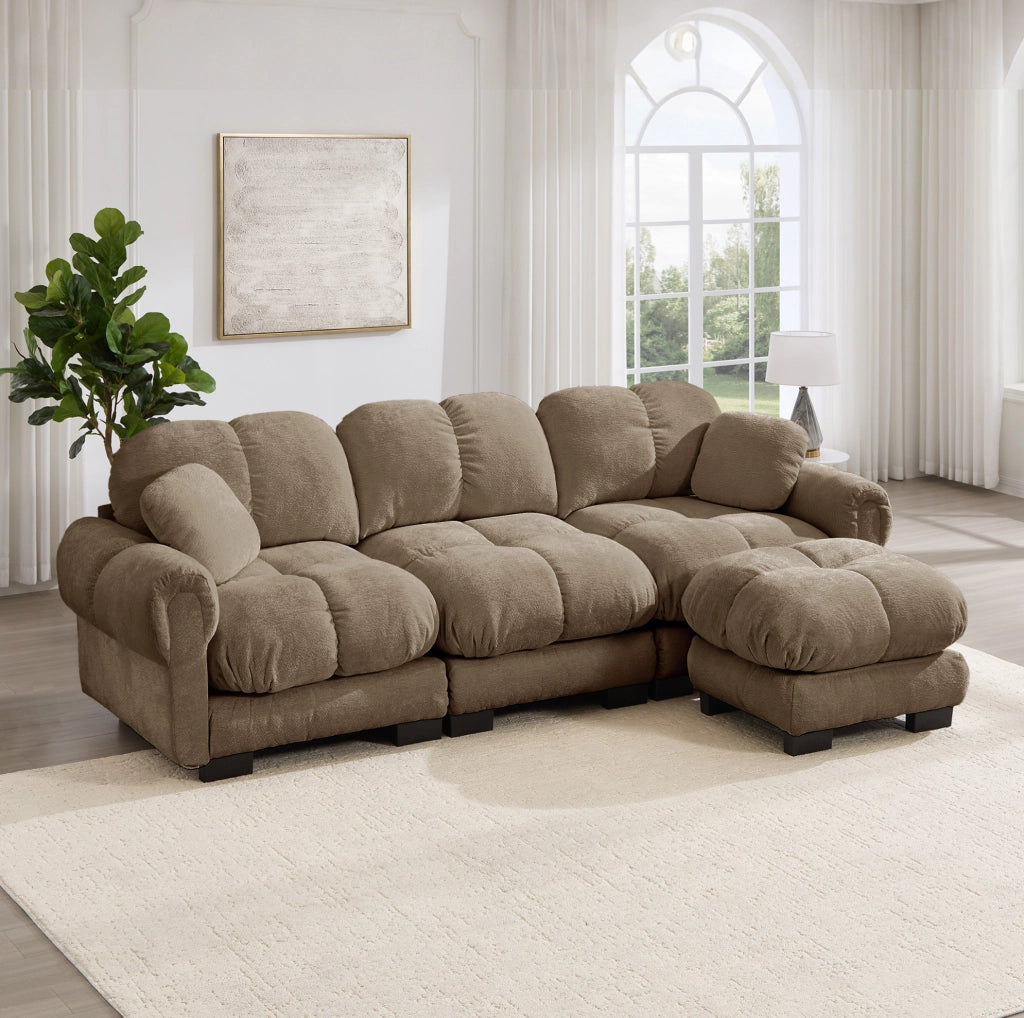 Divano angolare a 3 posti con pouf mobile 260x149x90 cm in chenille marrone
