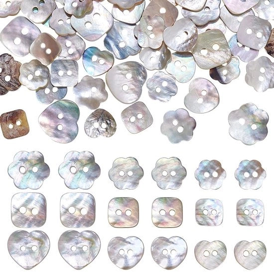 Punti in osso 90 pezzi - Punti naturali 2-gaia - Forme fiore/quadrato/ cuore - Punti per cucire in punto - Punti artigianali - Dimensioni 10-15 mm - Punti per cucire