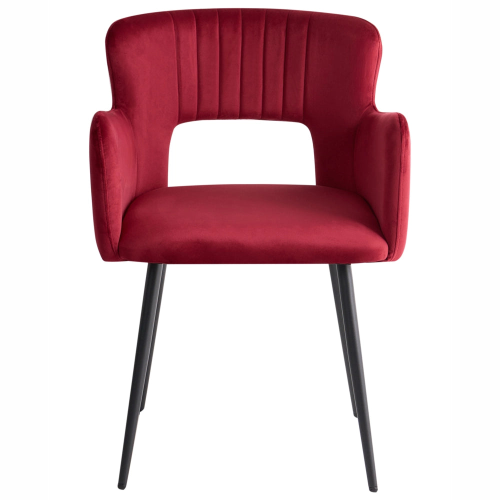 Set di 2 sedie da pranzo velluto rosso scuro braccioli schienale intagliato gambe in metallo moderna industriale