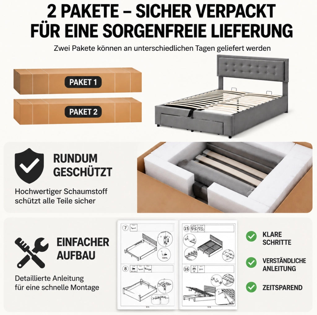 Letto imbottito beige in velluto con contenitore 140 x 190 cm