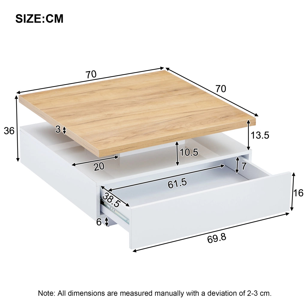Tavolino da caffè 70x70x36 cm; girevole 360° con vano contenitore; truciolare; colore naturale e bianco