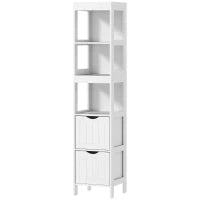 Mobile Bagno con 3 Ripiani Aperti e 2 Cassetti in Legno, 30x30x141.2 cm, Bianco