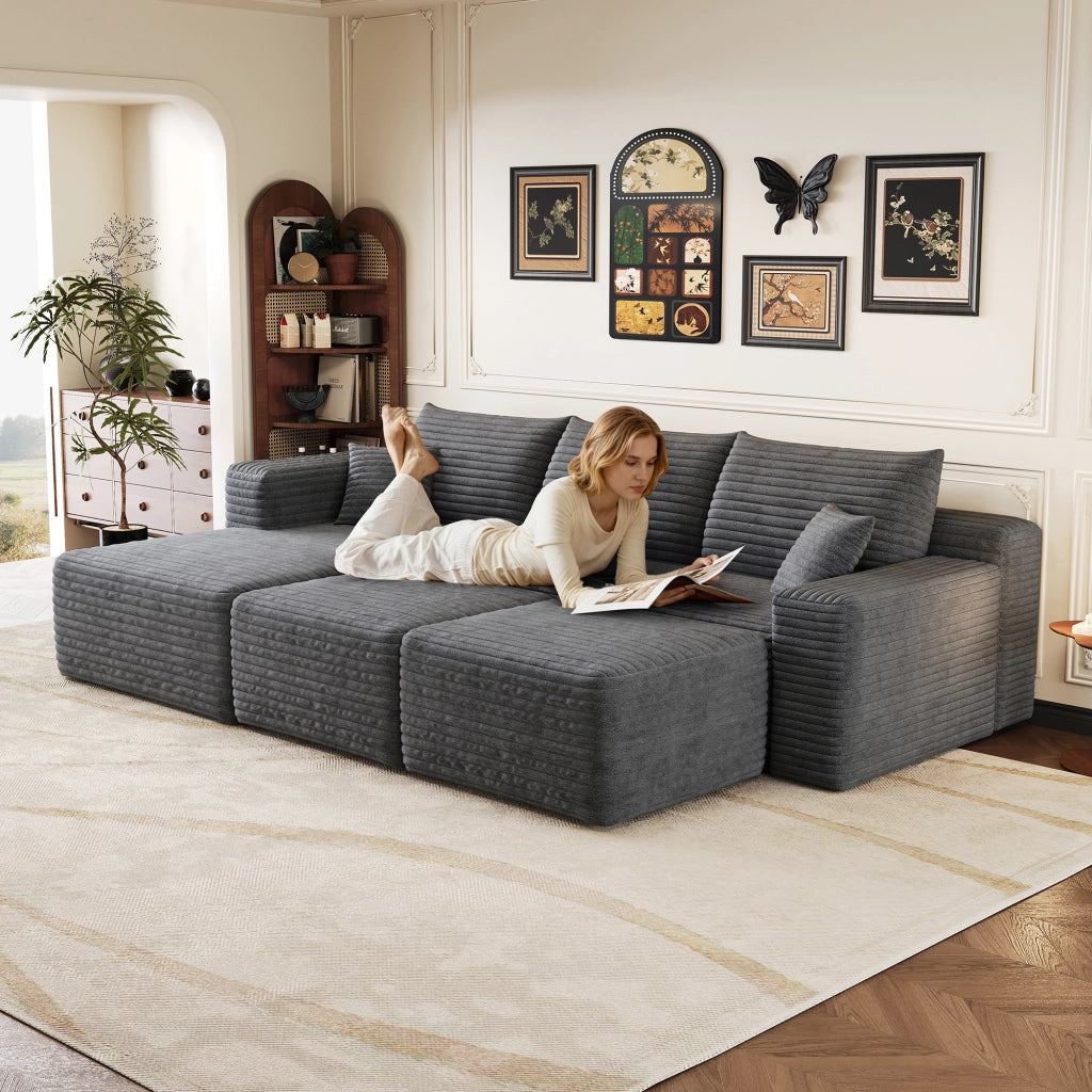 Divano angolare modulare senza montaggio dal design minimale in tessuto a coste morbido per soggiorno grigio scuro