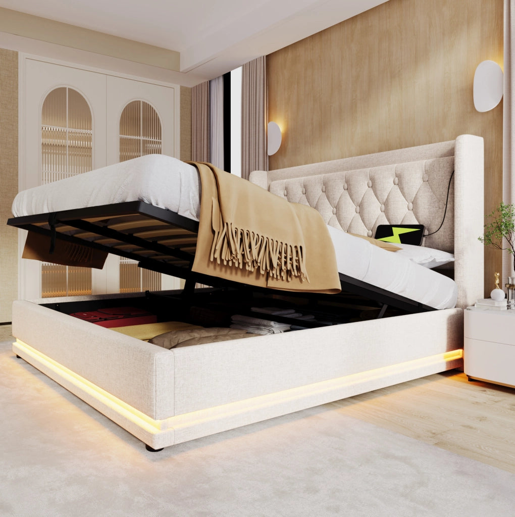 Letto matrimoniale imbottito 160x200 cm con contenitore, USB, Type-C e LED a 3 lati