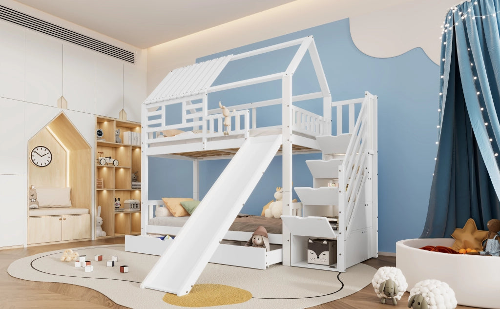 DESMIU Letto a Castello 2 Posti con Scala Contenitore, Scivolo e Cassetto 90 × 200 cm, senza Materasso