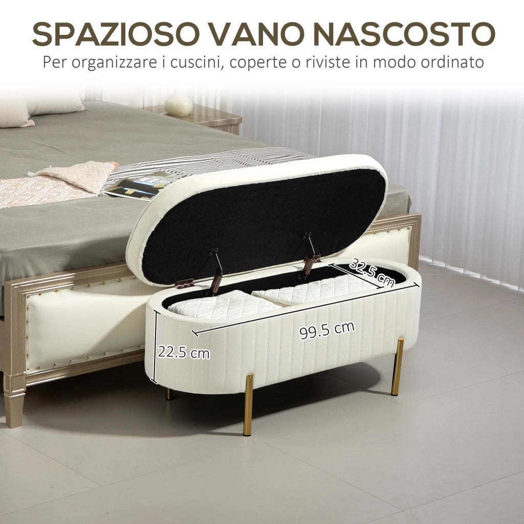 Panca Contenitore Ovale in Velluto e Legno ¨C Zephmum ¨C 108x44x43.5 cm Crema