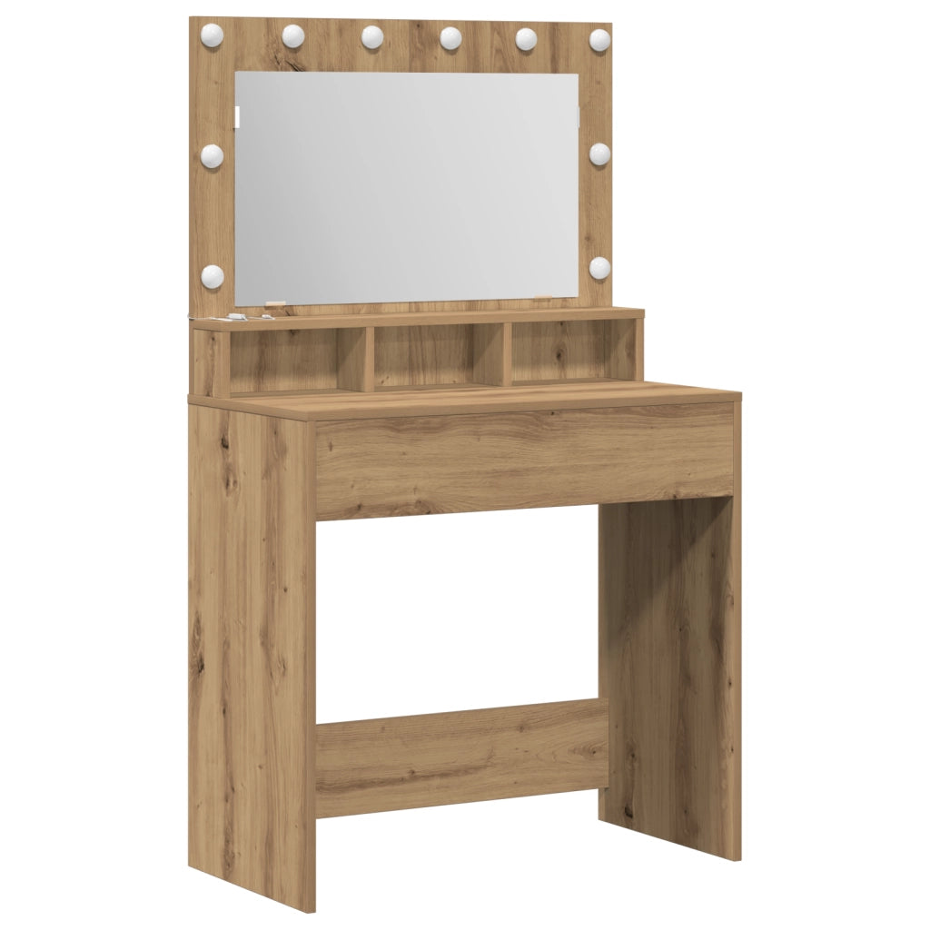 Tavolo da trucco con luci LED in rovere artigianale 79x41x135 cm