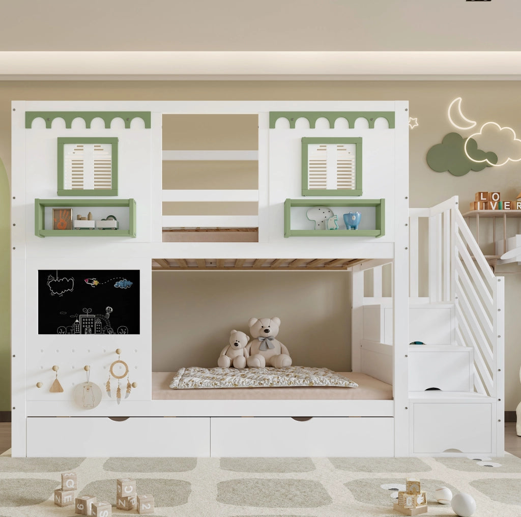 Letto a castello per bambini con cassetti e scala contenitore