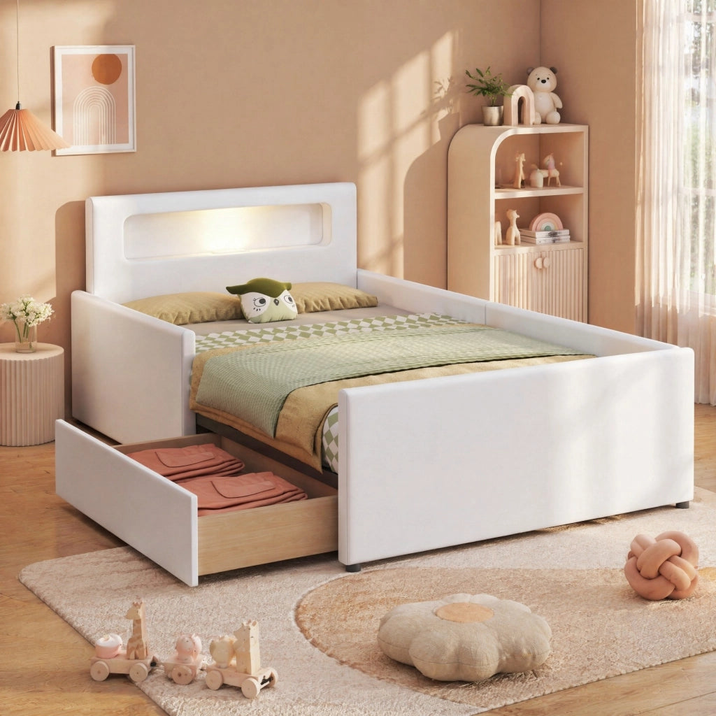Letto singolo per bambini 90x200 cm con cassetti; luce LED e USB in ecopelle bianca