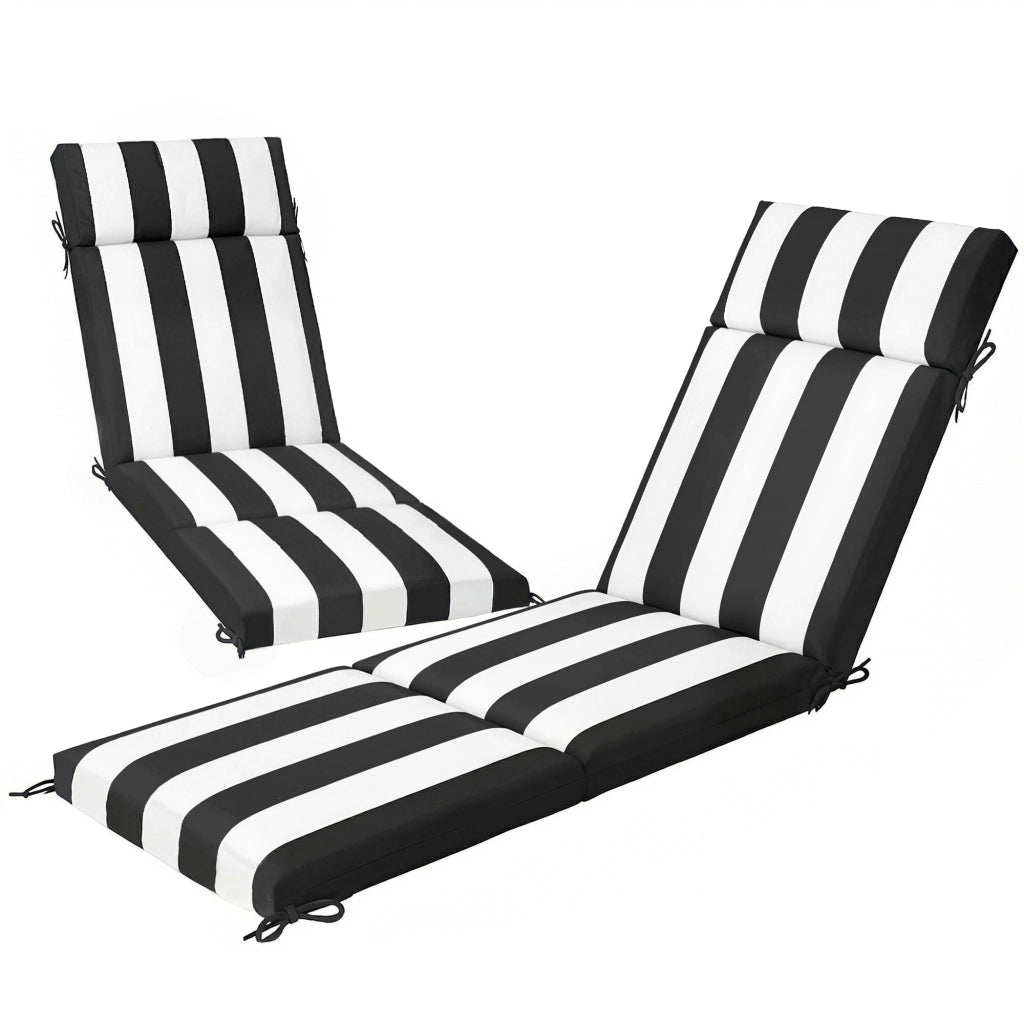Set 2 Cuscini per Sedie da Esterno con 6 Lacci di Fissaggio, in Cotone, 183x54x6.5 cm, Nero e Bianco