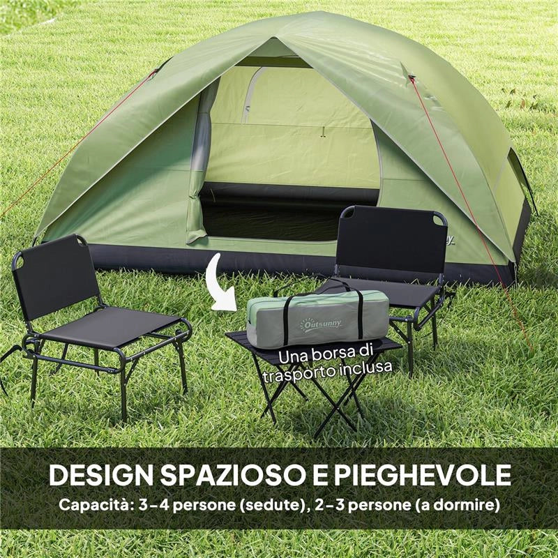 TENDA DA CAMPEGGIO PER 3 PERSONE IMPERMEABILE CON TASCHE GANCIO PER LANTERNA E BORSA DI TRASPORTO VERDE