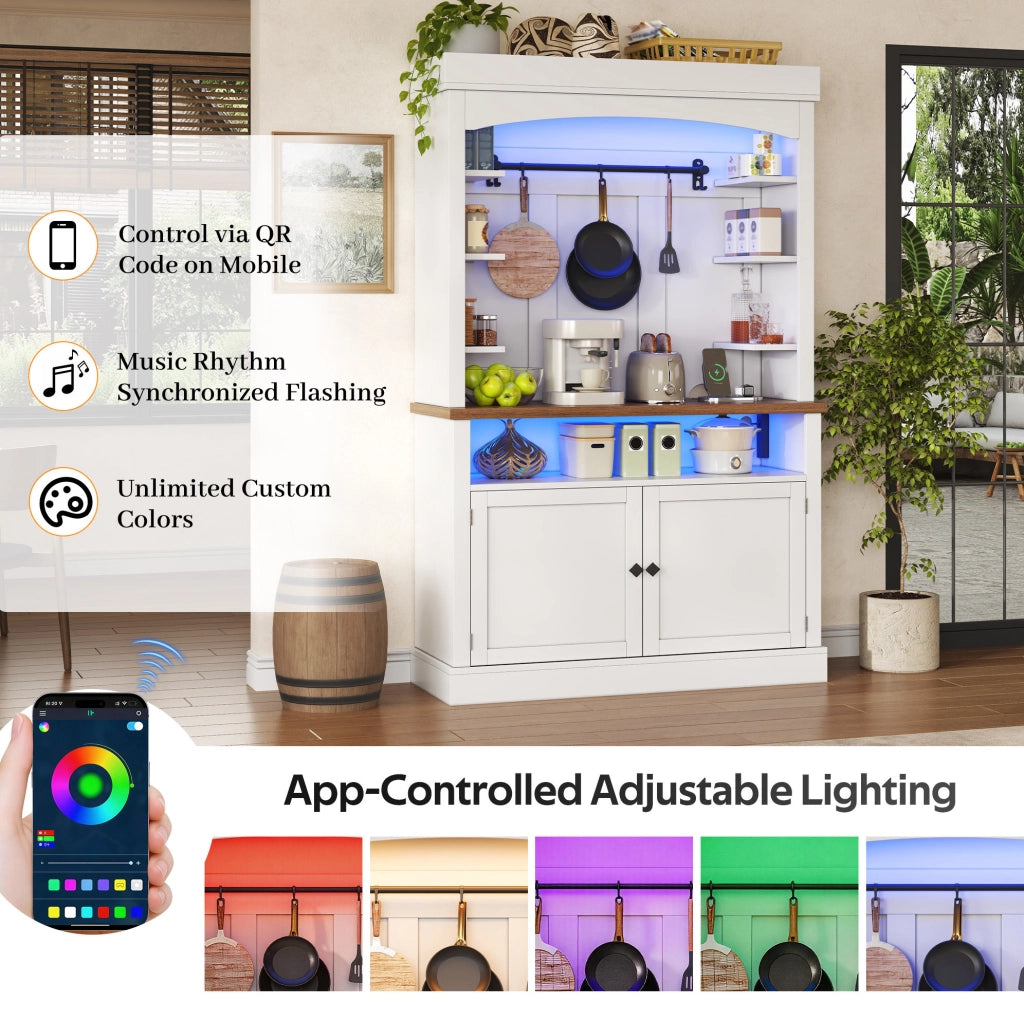 Armadio alto ad arco 106x43x183 cm in MDF bianco con LED RGB; prese USB e ripiani