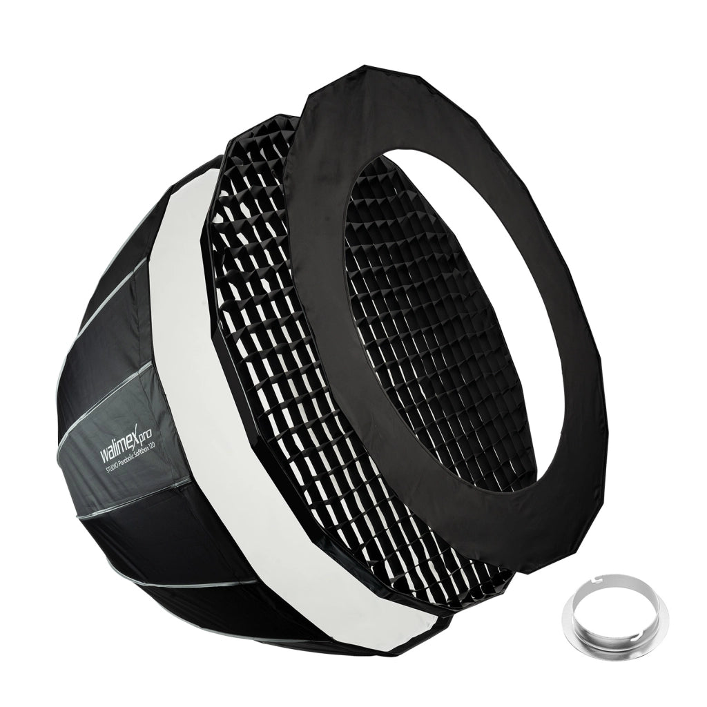 Studio Parabolic Softbox 120cm + adattatore softbox per Elinchrom (diametro esterno: 15,2 cm), facile da montare grazie alla funzione ombrello, include griglia, maschera, adattatore