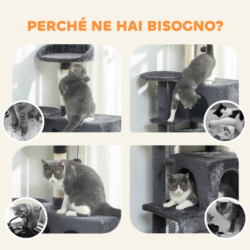 Albero per Gatti con 2 Casette, Lettino e Amaca ¨C Zephmum ¨C Grigio, Peluche, 140 cm