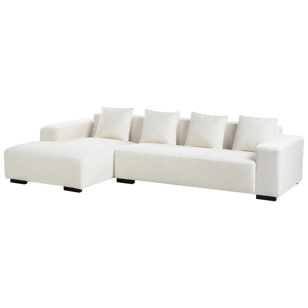 Divano angolare a L con cuscini 4 posti in tessuto bouclè bianco bianco sporco con ottomana versione a destra stile elegante moderno