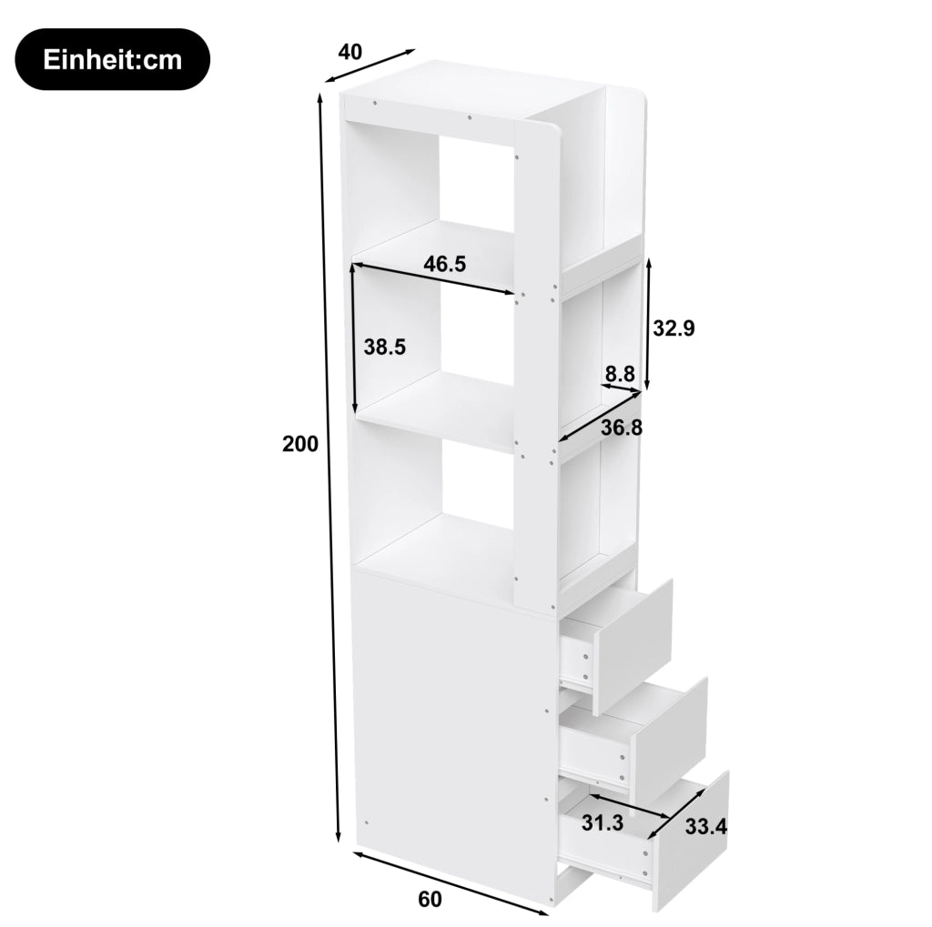 Libreria stretta alta 200 cm con 3 ripiani aperti e 3 cassetti; bianco