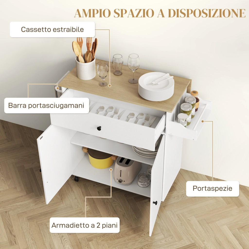 Isola per Cucina con Cassetto. Armadietto. Portaspezie e Portasciugamani. 106x42x87 cm. Bianco e Rovere
