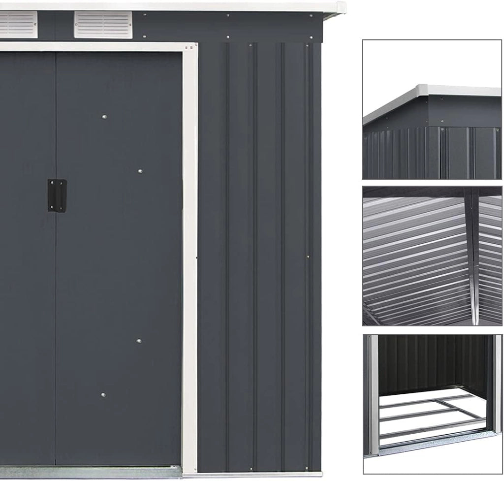 Capanno per Attrezzi, Casetta da Giardino, Capanno in Lamiera, Box da Giardino con Falda, Mobile Capanna, Ripostiglio da Giardino, con 2 Porte Scorrevoli, 2 Finestre, Grigio 213x130x173 cm