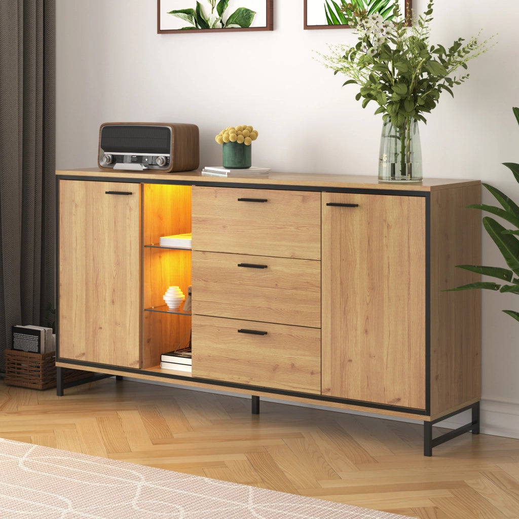 Credenza con 3 Cassetti e Vani; LED 16 Colori; Stile Moderno; in Pannello Truciolare; Naturale; 160¡Á40¡Á85 cm