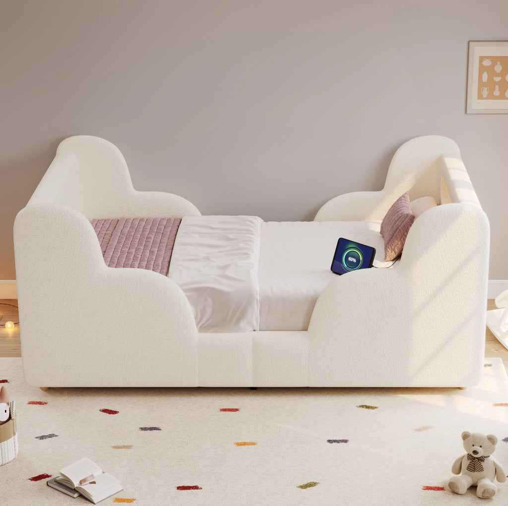 Letto per bambini 90x200 cm con sponde imbottite; luce notturna e USB C; bouclé beige