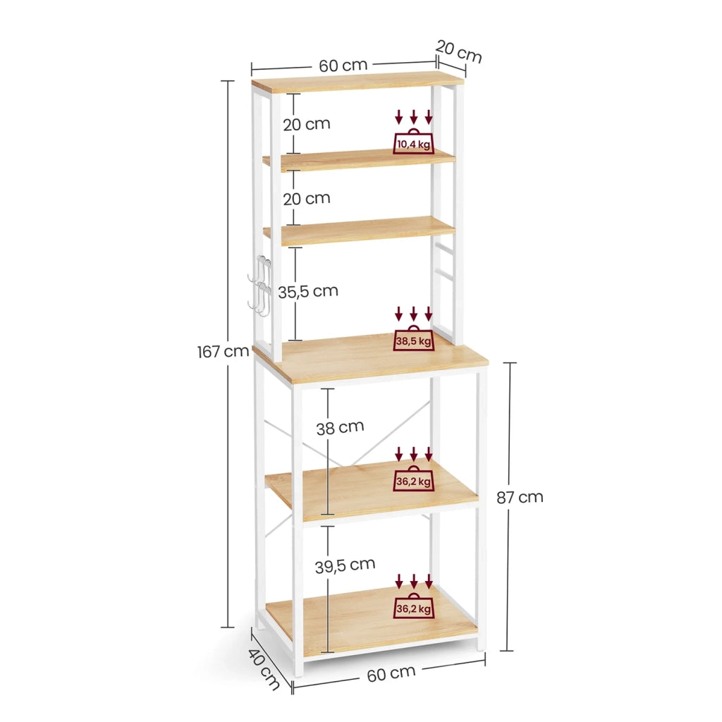 Scaffale da cucina con ripiani portaoggetti 6 ganci struttura in metallo per utensili forno a microonde stile industriale 80 x 40 x 167 cm bianco 12_0005645
