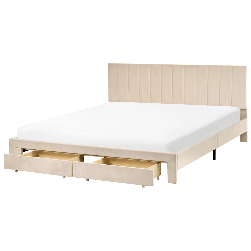 Letto matrimoniale 180 x 200 cm Beige Rivestimento in velluto 4ft con cassetti Testiera Base a doghe Moderno