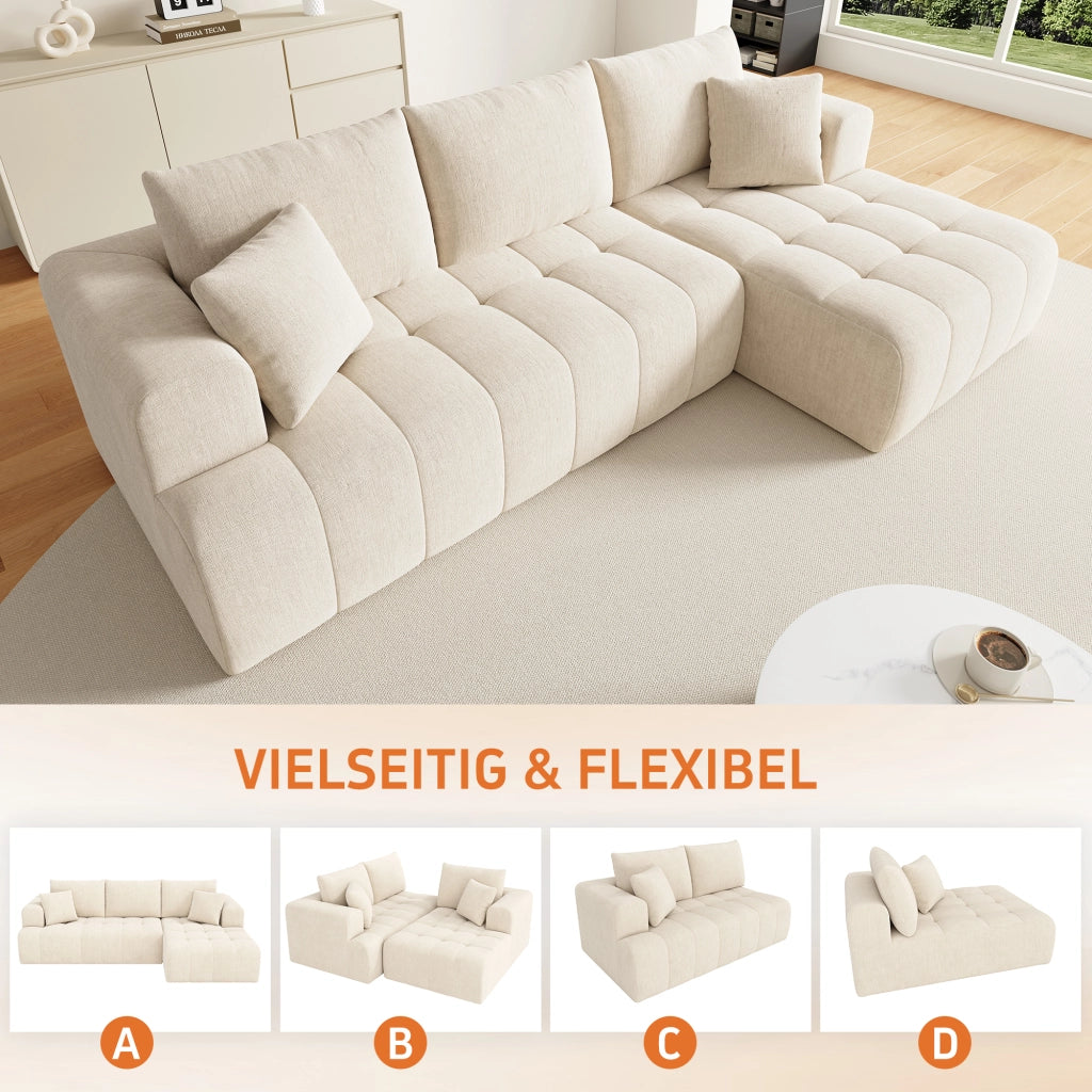 Divano angolare modulare 3-4 posti con chaise longue e 2 cuscini, design basso per soggiorno in chenille beige