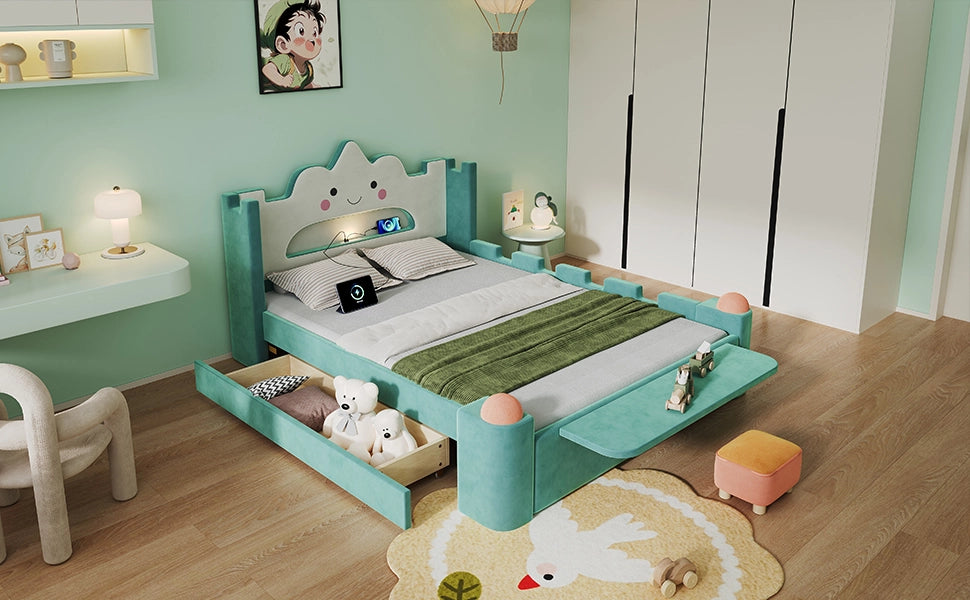 Letto per bambini 140 × 200 cm con lampada da lettura e USB, cassetto contenitore, senza materasso, velluto blu-verde