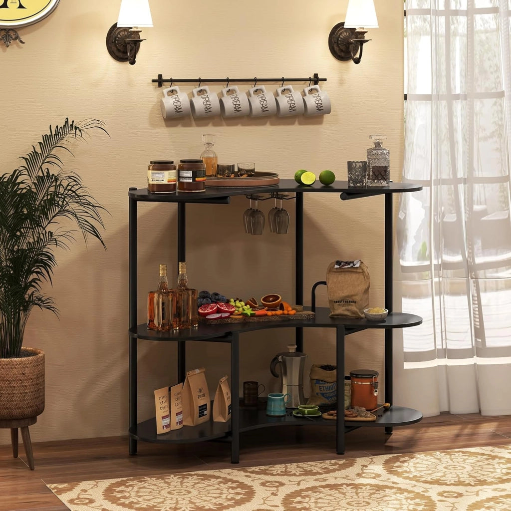 Unità Bar per Liquori, Tavolo Bar Angolare a 3 Ripiani con Portabicchieri da Vino, Altezza Corretta, Paracolpi Metallico Elevato, Scaffale per Vino per Cucina, Sala da Pranzo, Pub (nero)