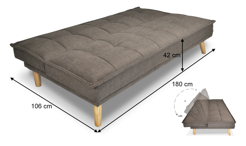 Divano letto clic clac in tessuto vellutato marrone, divano 3 posti - Bart - DL-BA09FBC