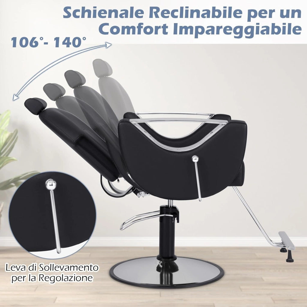 Poltrona da Barbiere Girevole, Sedia da Salone Reclinabile con Altezza Regolabile, Girevole a 360° con Pompa Idraulica, Poggiatesta, Portata 150 kg (Nero)