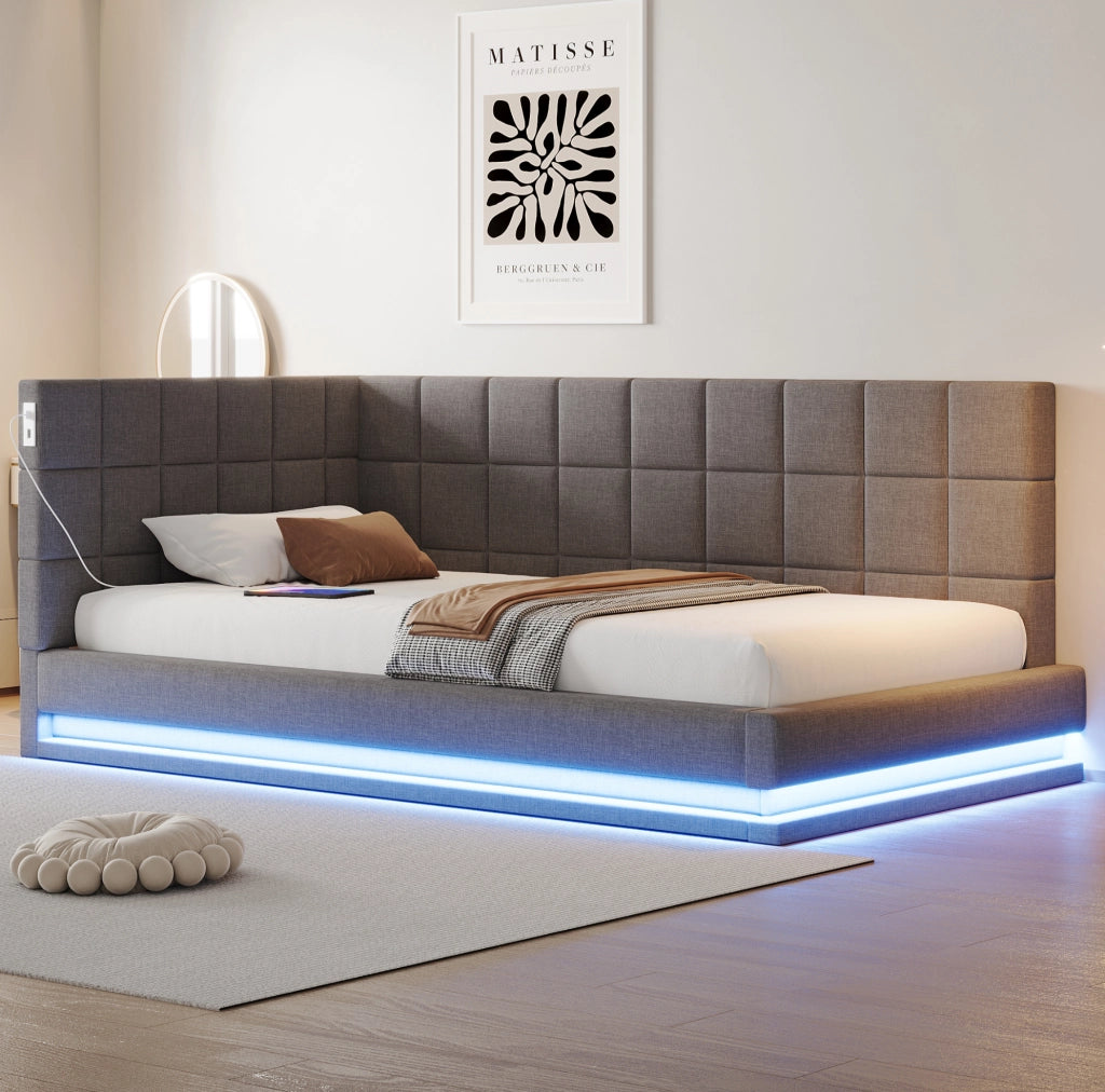 Divano letto imbottito 90x200 cm grigio con LED, USB e rete a doghe