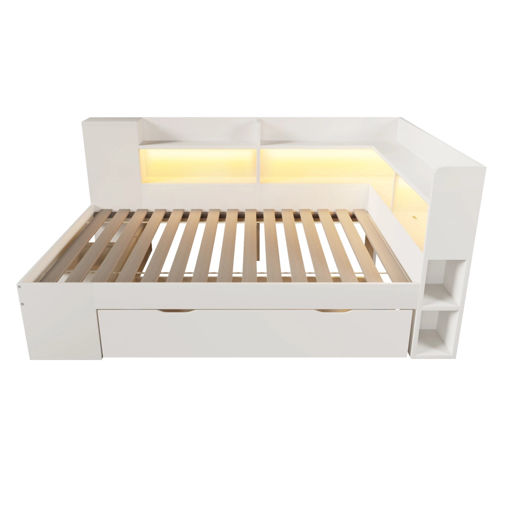 DESMIU Lit simple 90 × 200 cm con USB, Type-C, LED, ripiani e cassetti, materasso incluso, in legno, bianco