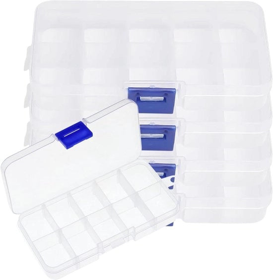 Cassetta di conservazione in plastica 10 Compartimenti - Set da 4 - Compartimenti regolabili per gioielli e accessori - Cassetta di conservazione per orecchini - Accessori di conservazione