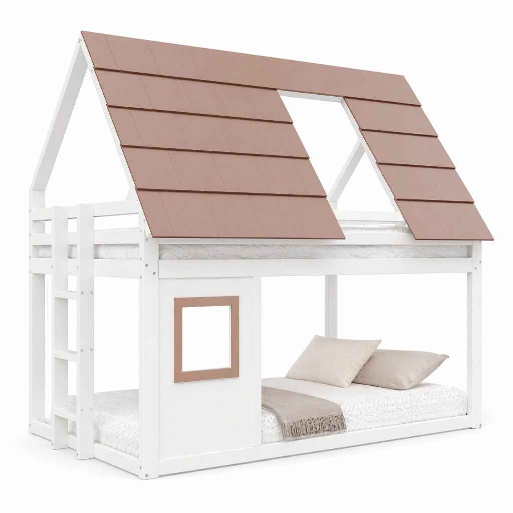 Letto a castello a casetta 140x200 cm con tetto e scala; bianco e marrone