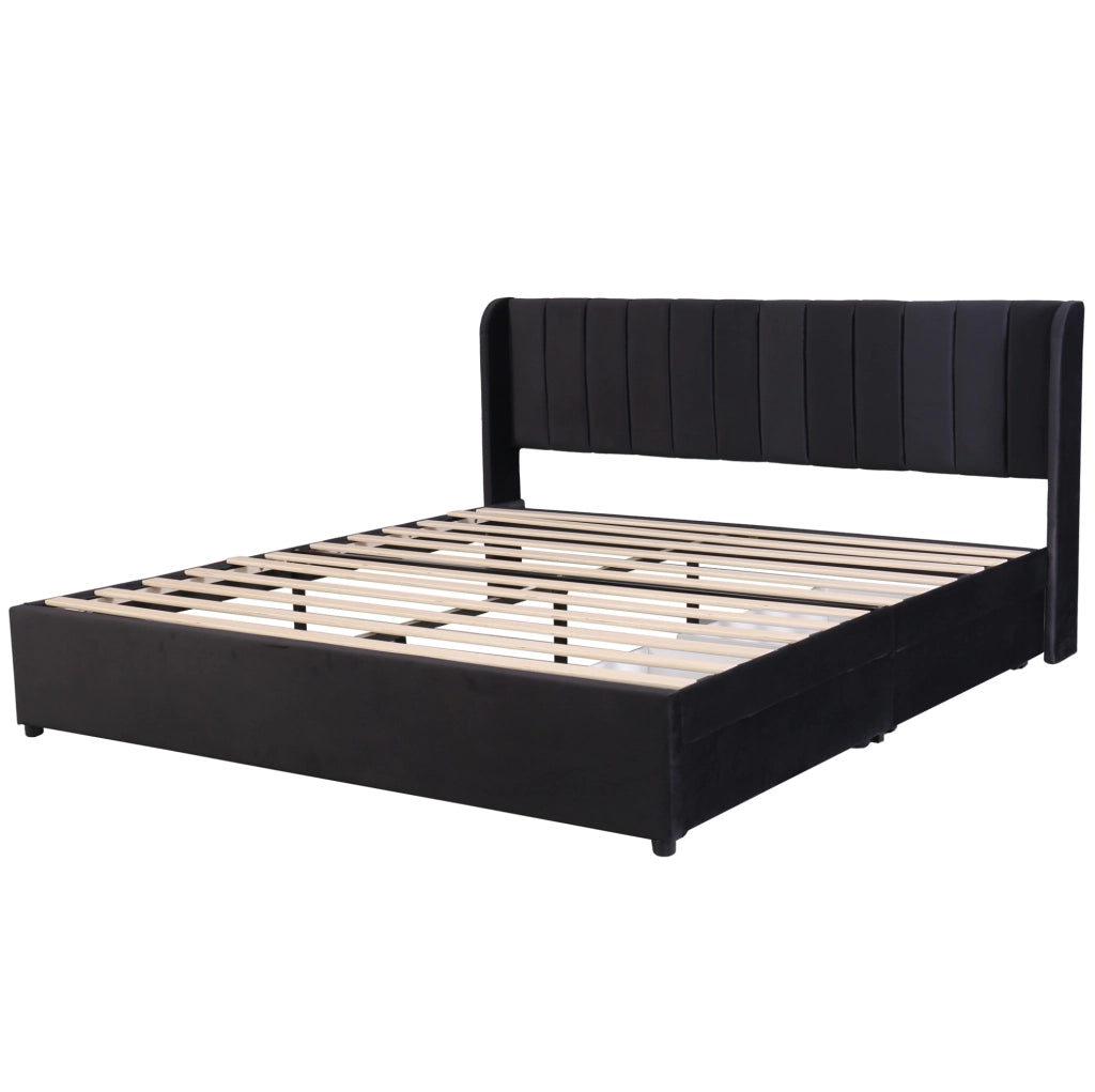 Letto imbottito 180x200 cm in velluto nero con struttura a doghe e 2 cassetti