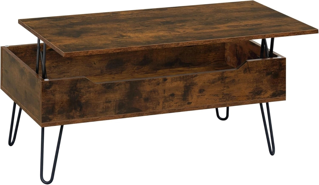 WOLTU Tavolino da Salotto, Tavolino da Caffè Sollevabile, con Scomparto Nascosto, Stile Industriale, 95x50x(40-55,5) cm, Marrone Rustico + Nero