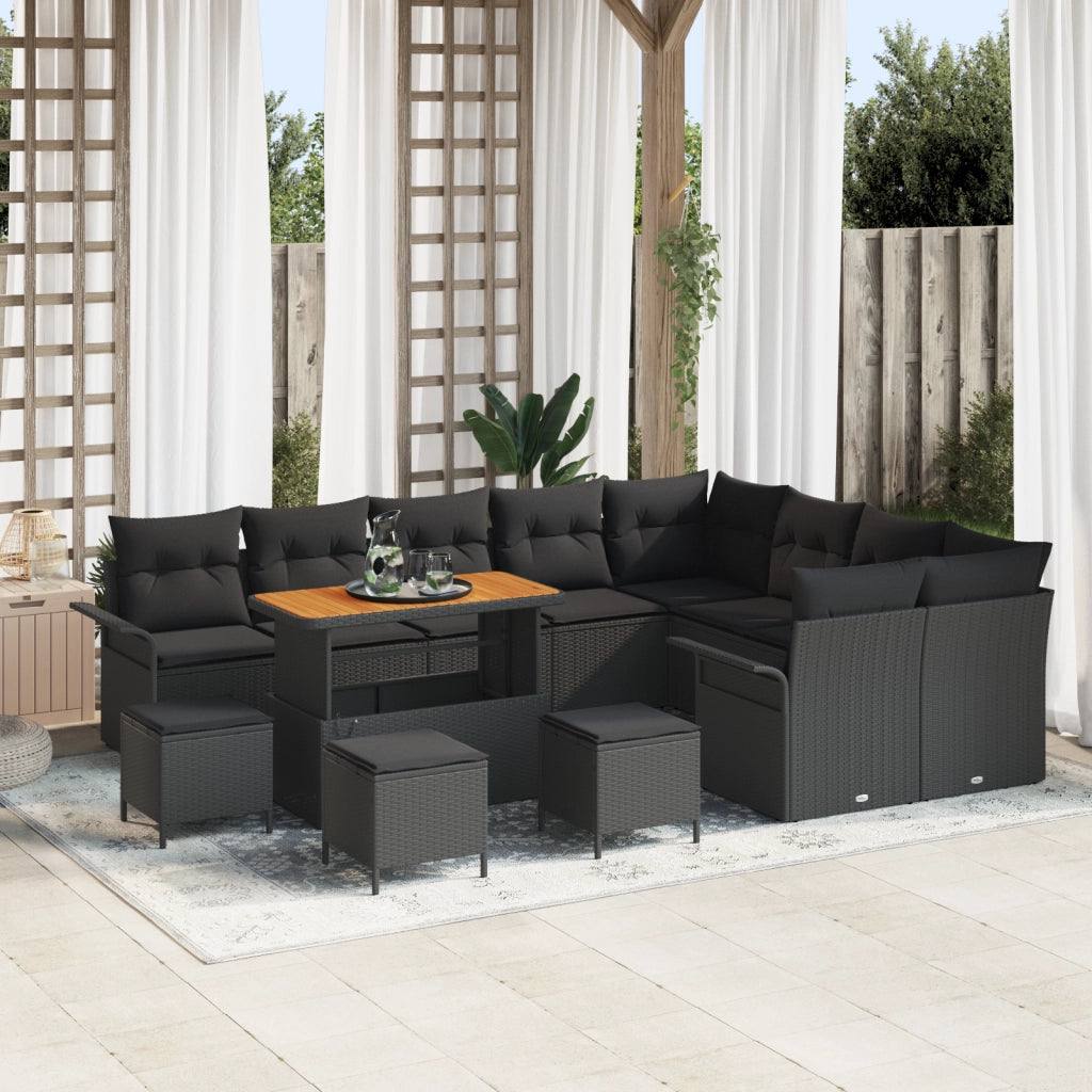 Set di divani da giardino  13 pezzi con cuscini rattan nero acacia
