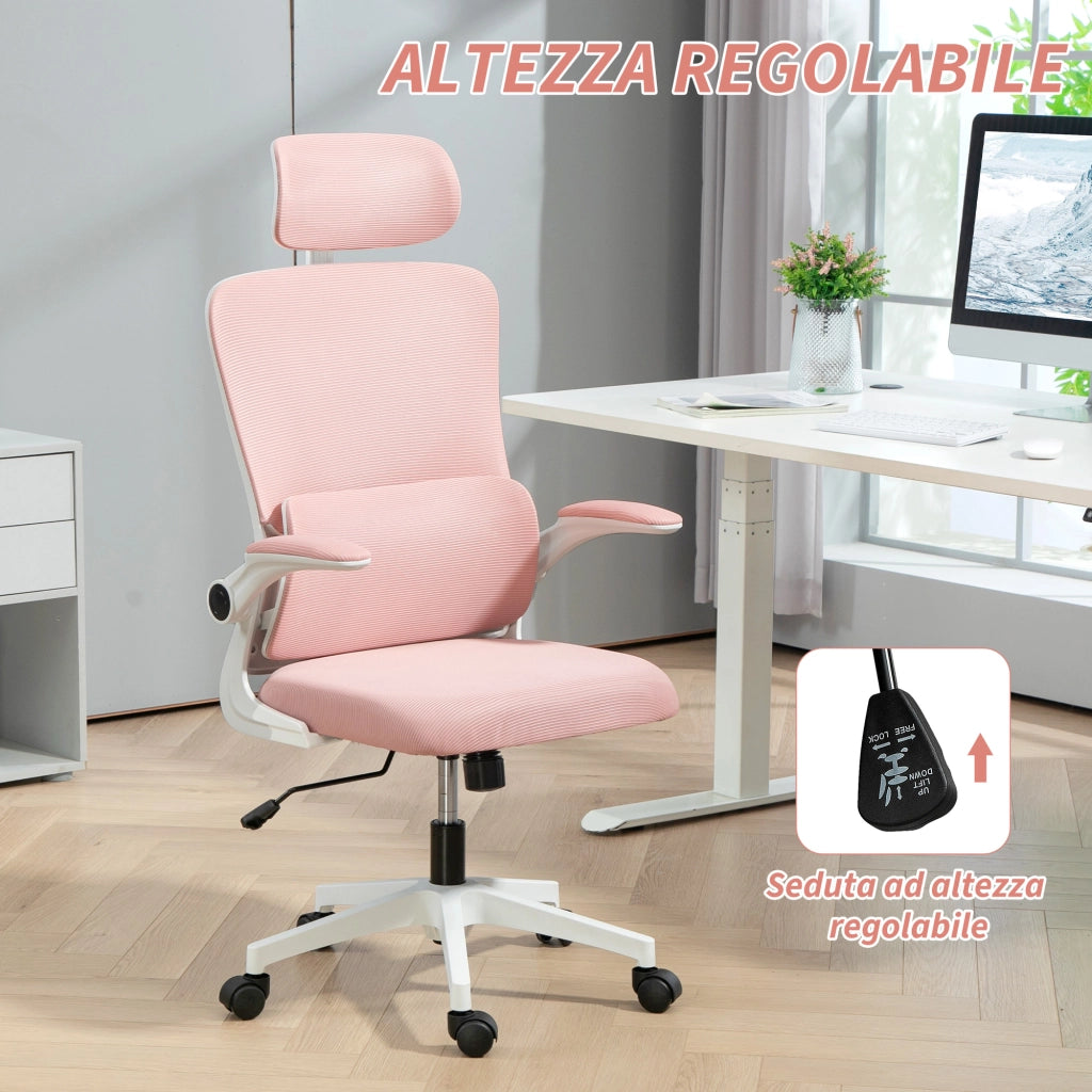 Sedia Ergonomica da Ufficio Girevole 60x59x114-122 cm con Poggiatesta Rimovibile in Tessuto a Rete Rosa