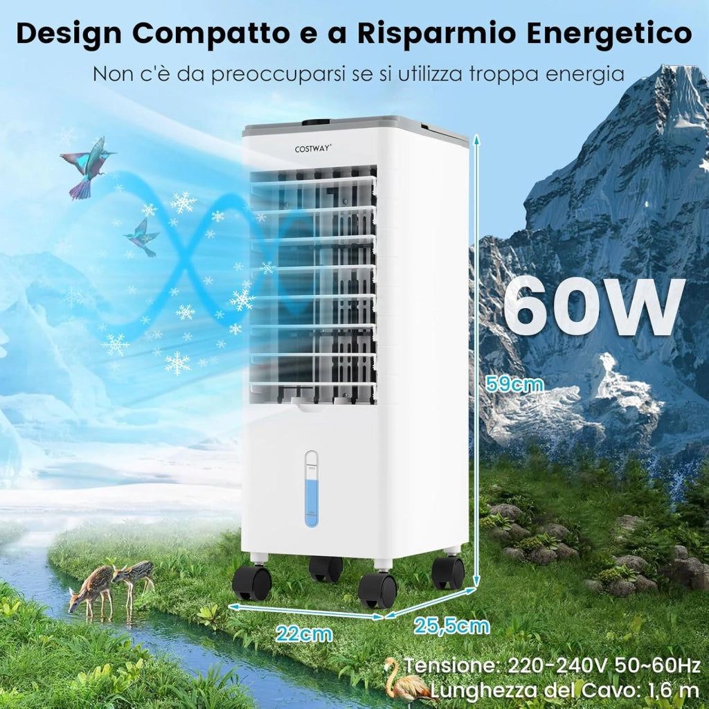 Condizionatore Portatile 3 in 1, Condizionatore d'aria Evaporativo portatile con Raffreddamento, Ventola e Umidificazione, 3 Velocità del Vento, 12H Timer, Doppio Serbatoio d'acqua(Grigio)