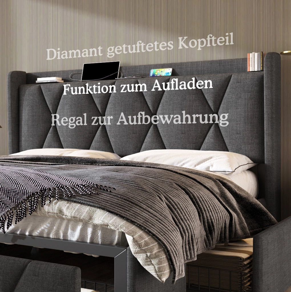 Letto imbottito 160x200 cm con USB; 4 cassetti; tessuto lino grigio