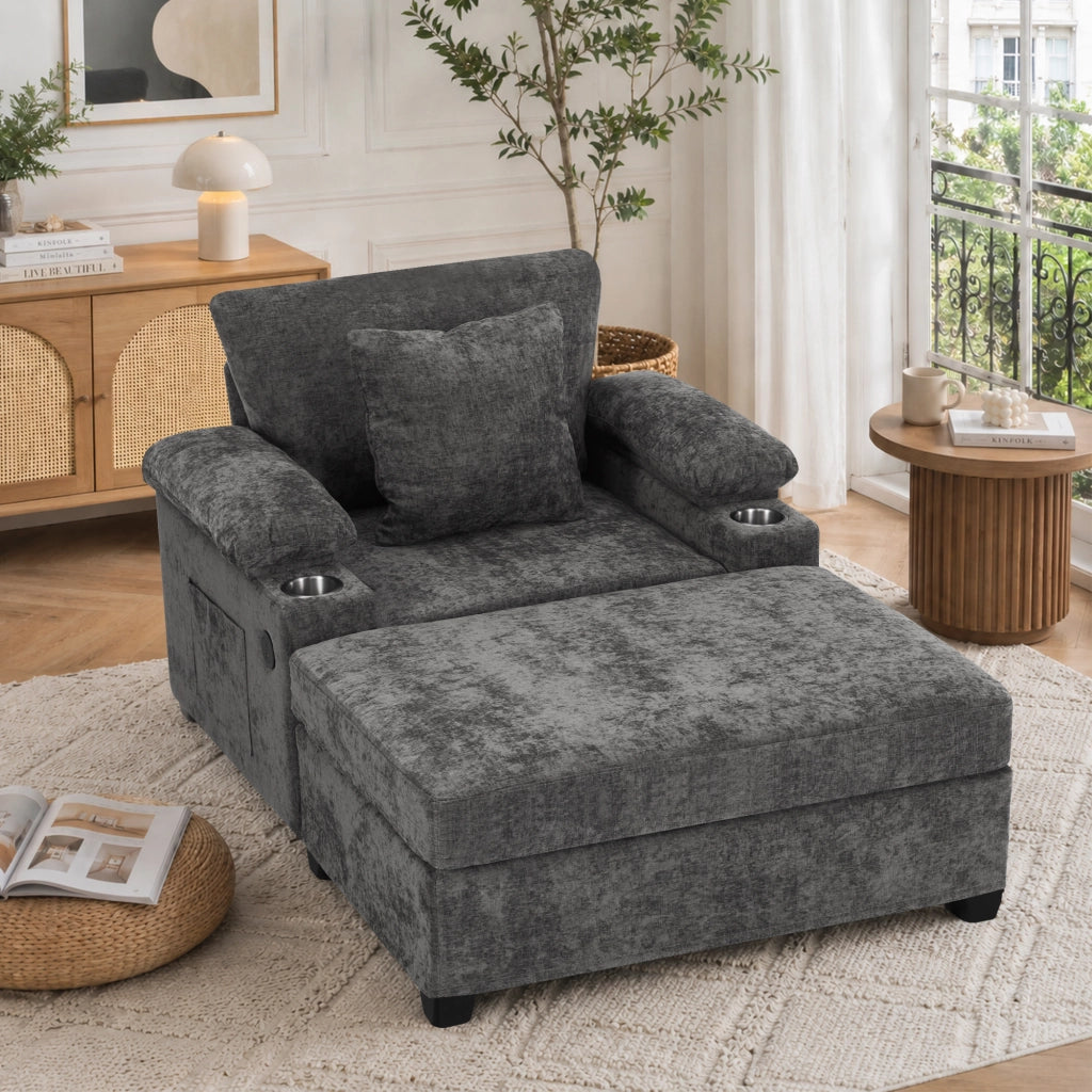Fauteuil relax in ciniglia con portabicchieri, USB e tasche laterali, supporto ergonomico, grigio scuro