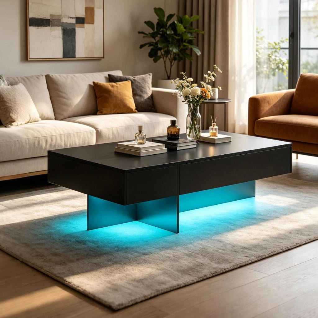 Tavolino Salotto Rettangolare con Luci LED, Tavolino da Caffè Moderno con 3 Cassetti e Piedini Antiscivolo, Luminosità e Colore Regolabili, per Soggiorno e Ufficio, 120 X 70 X 35 CM (Nero)