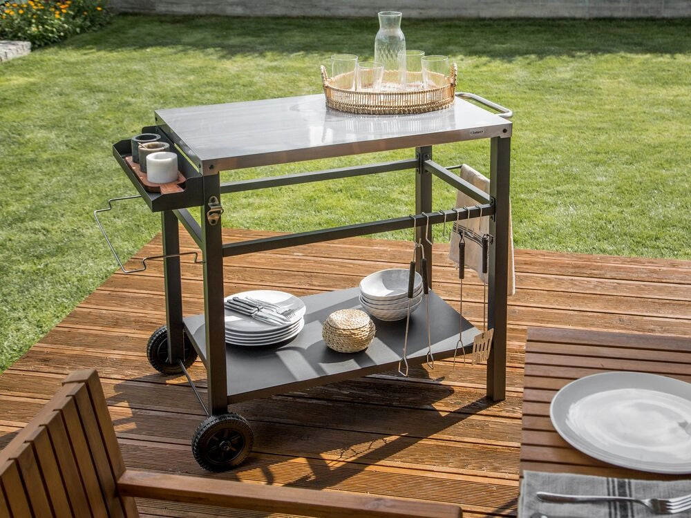 Carrello di servizio da giardino per esterni Carrello da cucina superiore in acciaio inox nero con ruote